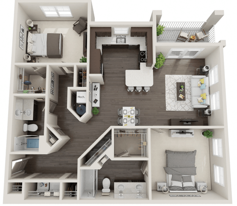 Floor plan for 2 beds, 2 baths, 1325 sqft